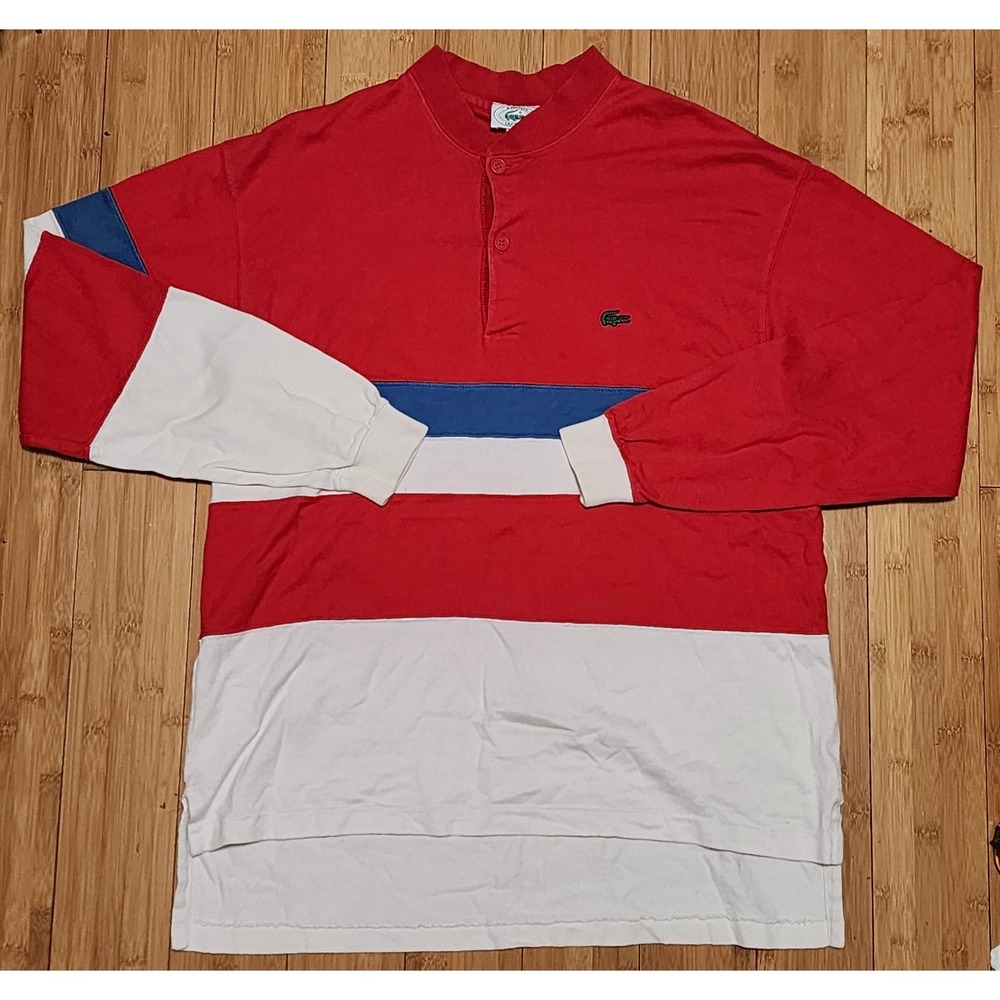 VTG Izod Lacoste Rugby Polo Shirt Men M Red Blue Stripe Korea Long Sleeve Cotton